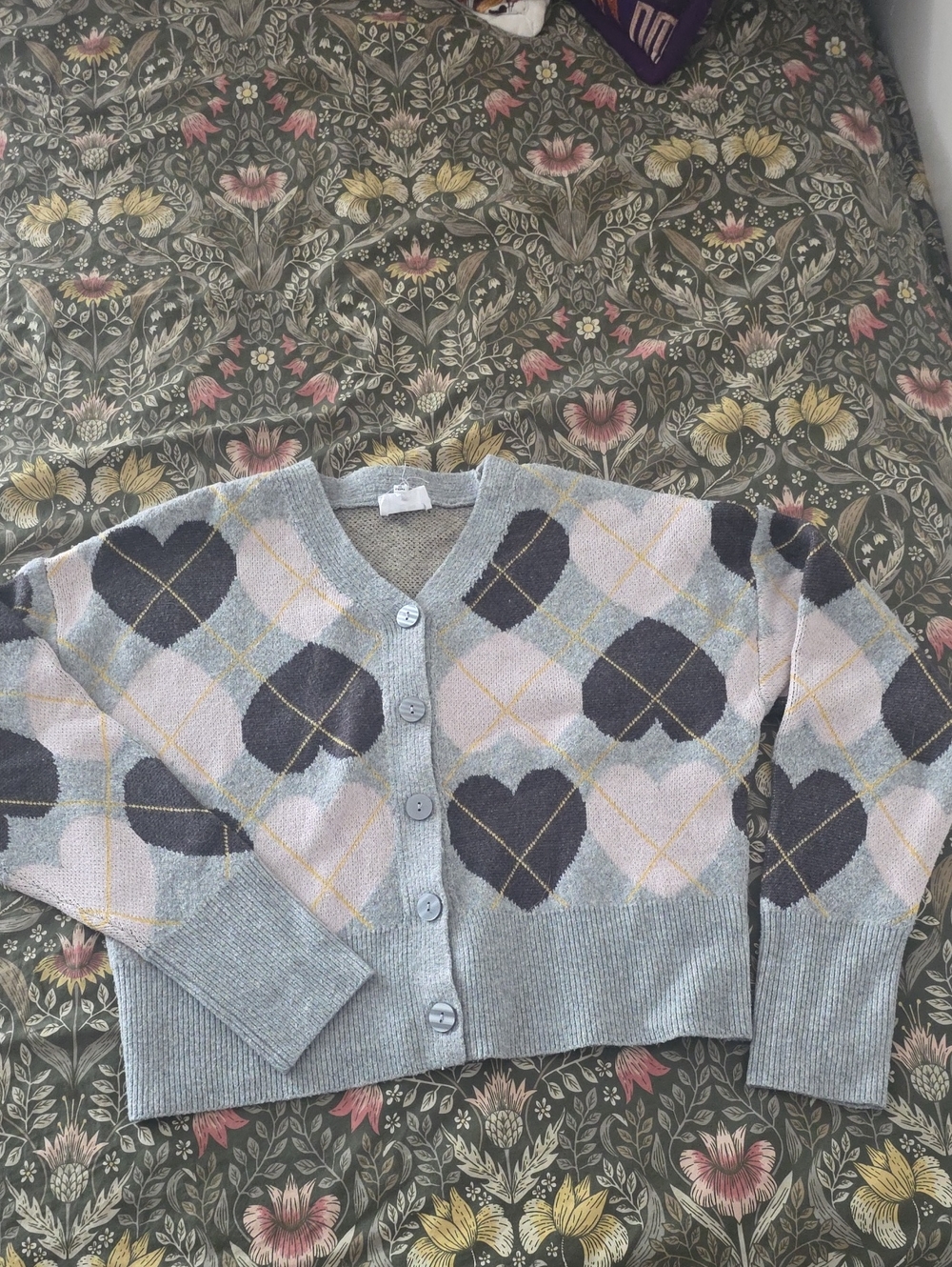 Willow Light Blue Cardigan with Navy and Blush Heart Argyle